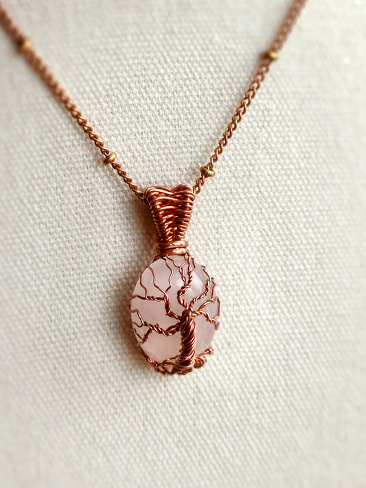 Mini Rose Quartz Tree of Life Pendant Necklace in Copper