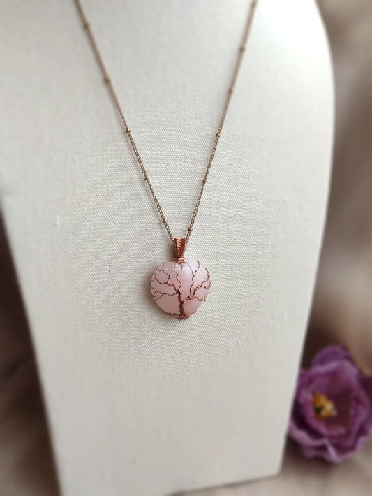 Rose Quartz Heart Tree of Life Pendant Necklace in Copper