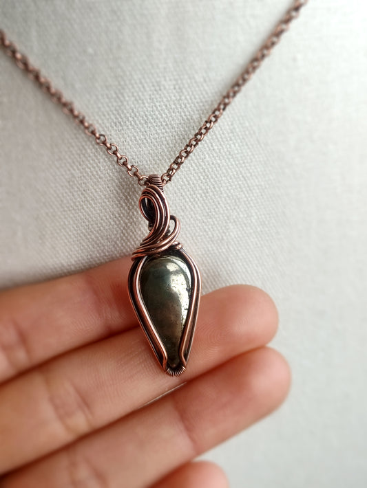 Simple Pyrite Teardrop Pendant in Copper
