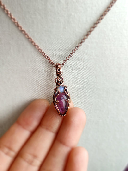 Mini Amethyst & Opalite Teardrop Pendant Necklace in Copper