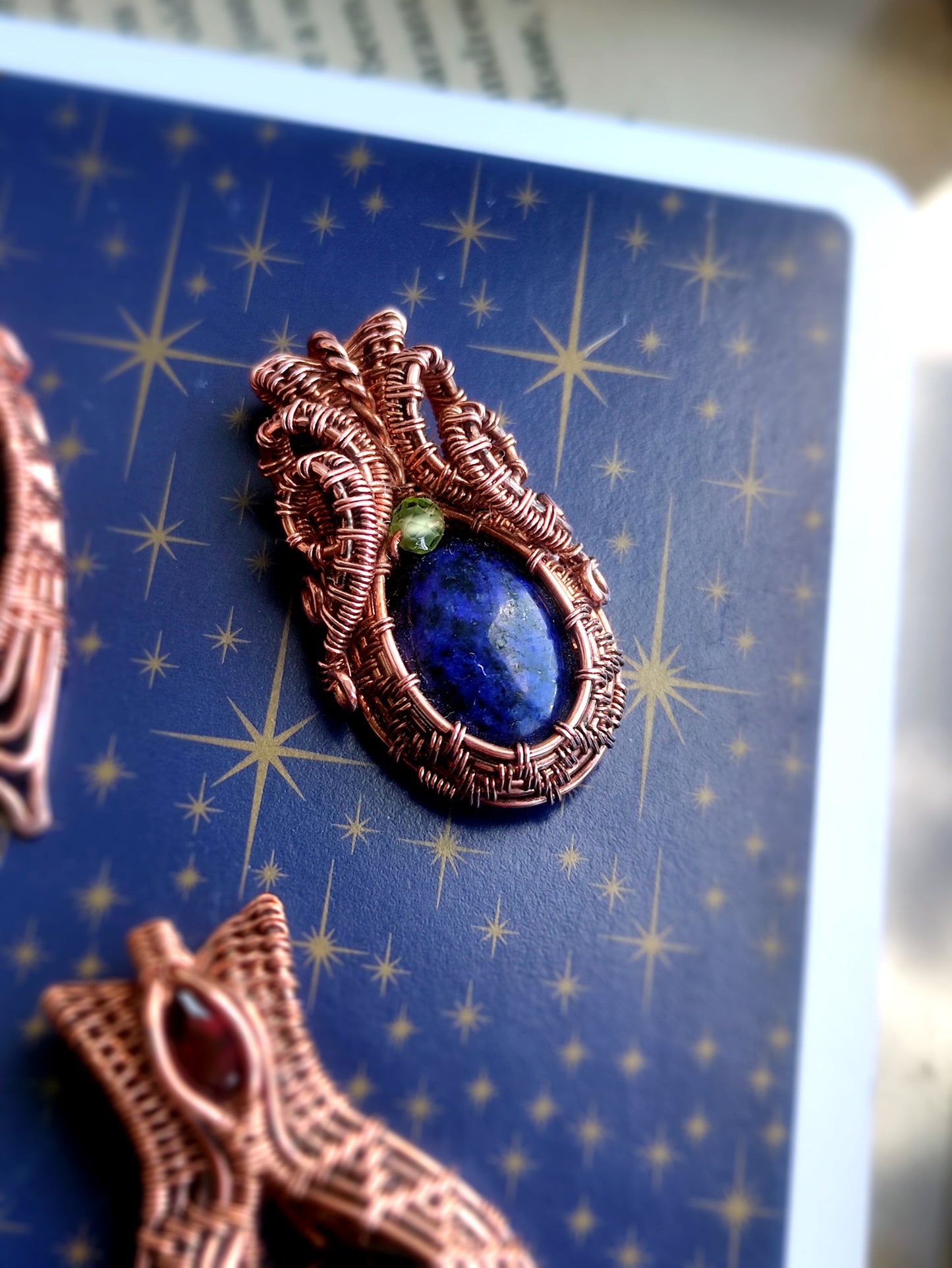 Mini Lapis Lazuli Wire Weave Pendant Necklace in Copper