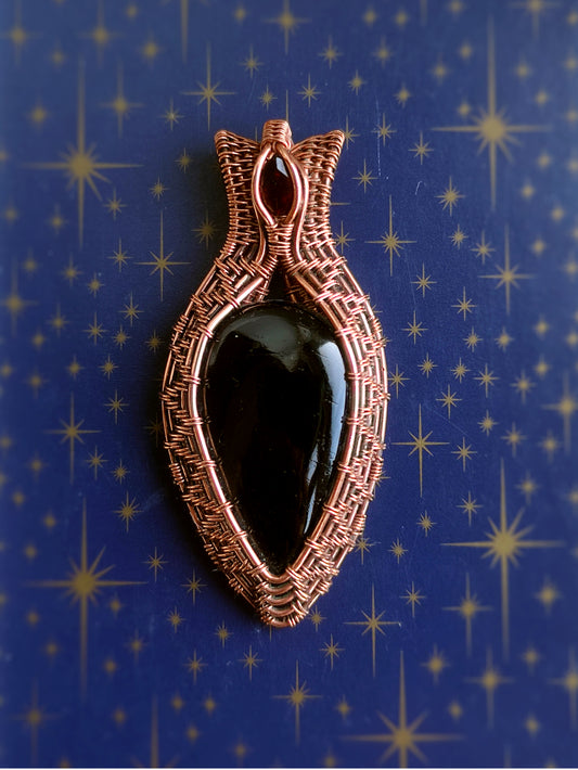 Black Tourmaline and Garnet Unisex Pendant Necklace in Copper