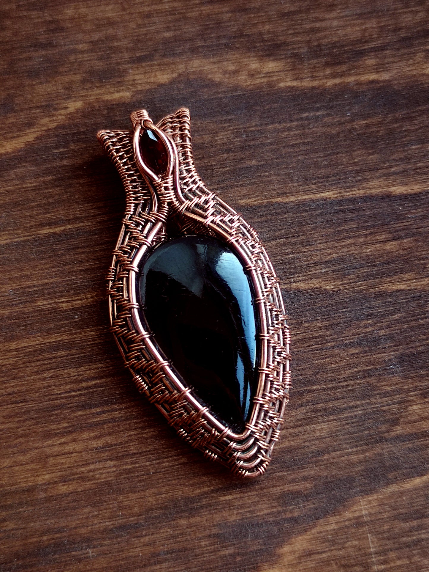 Black Tourmaline and Garnet Unisex Pendant Necklace in Copper