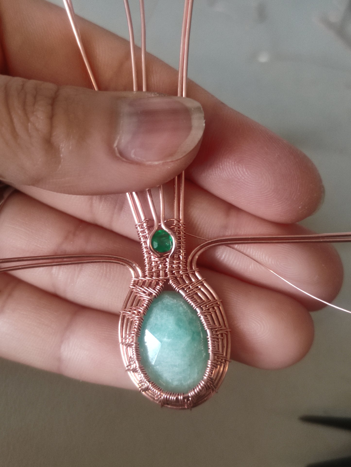 Amazonite and Green Onyx Wire Wrapped Pendant in Copper