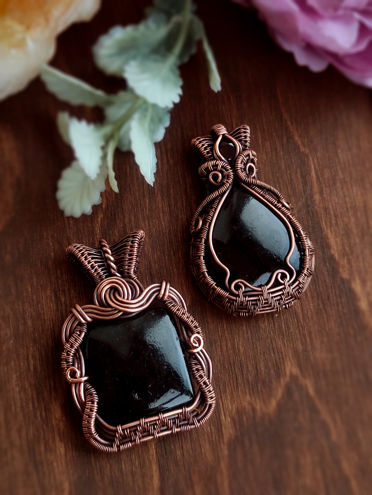 Black Tourmaline Victorian Square Pendant in Copper
