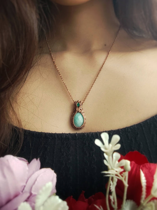 Amazonite and Green Onyx Wire Wrapped Pendant in Copper