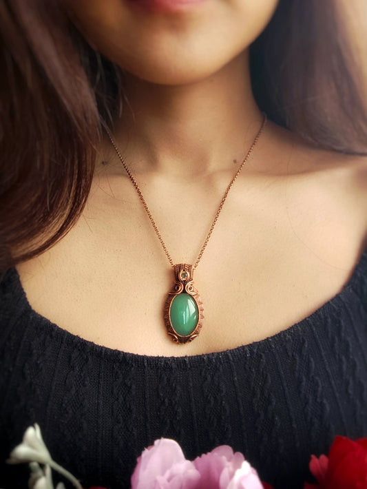 Green Aventurine and Citrine Oval Pendant in Copper