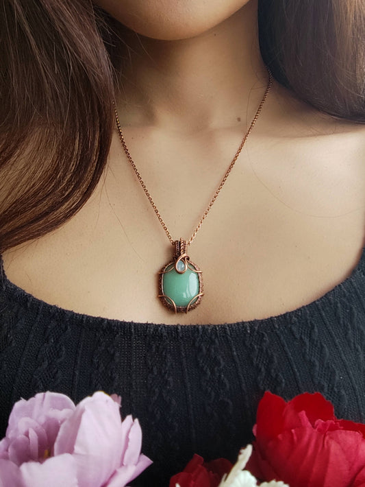 Green Aventurine and Moonstone Square Pendant in Wire Wrapped Copper