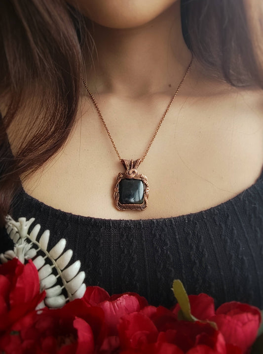 Black Tourmaline Victorian Square Pendant in Copper