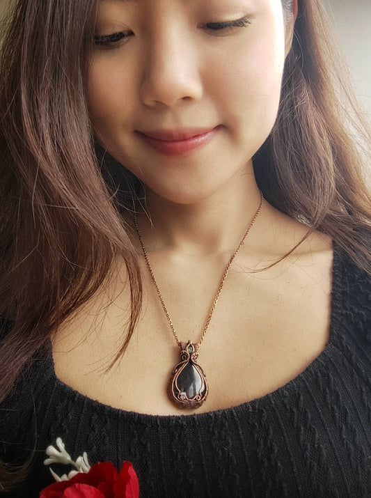Black Tourmaline and Garnet Teardrop Pendant in Copper