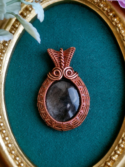Silver Obsidian Wire Wrapped Pendant in Copper