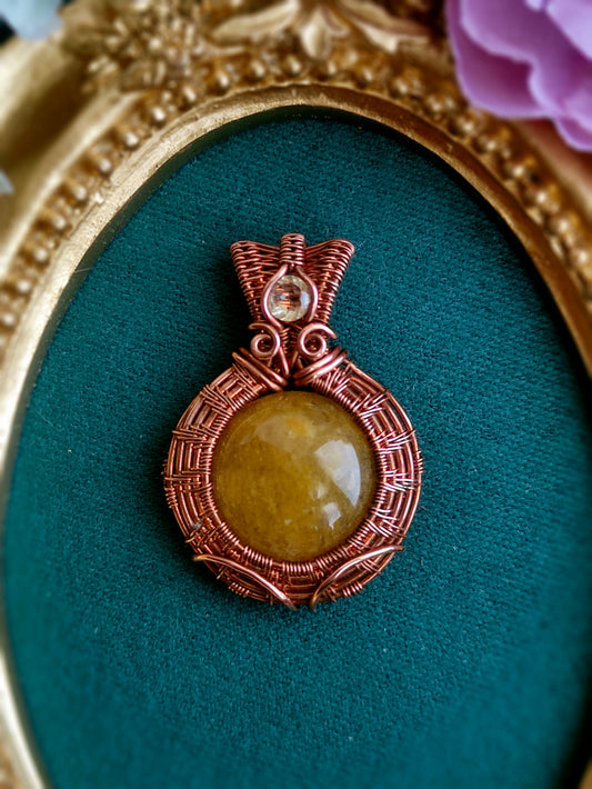 Yellow Jade and Citrine Wire Wrapped Copper Pendant