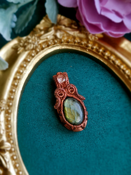 Mini Labradorite and Citrine Wire Wrapped Copper Pendant