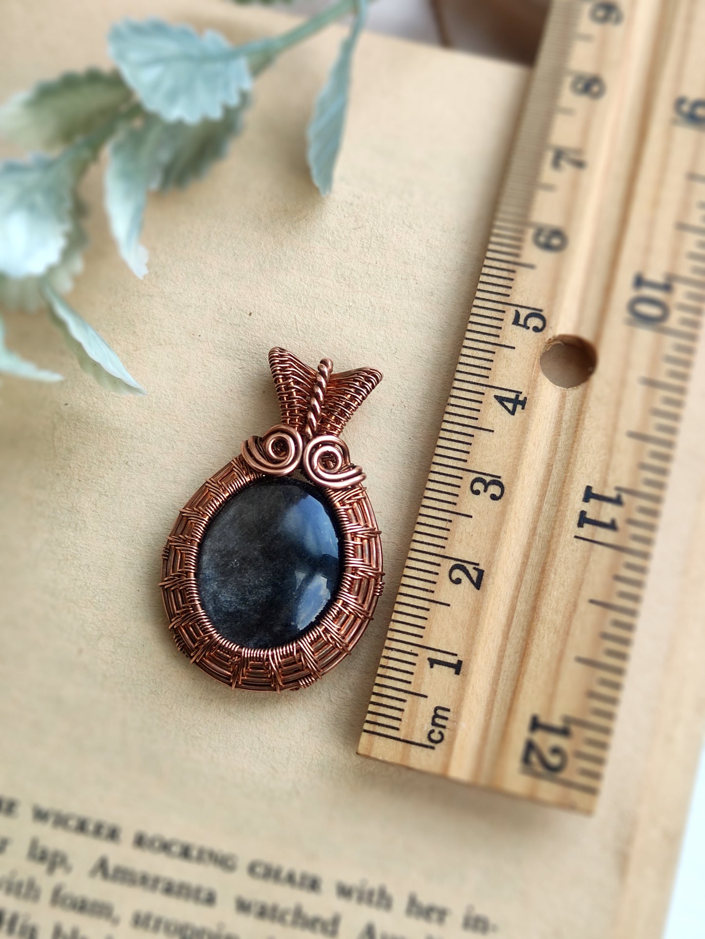 Silver Obsidian Wire Wrapped Pendant in Copper