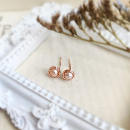 Tiny Pink Pearl Stud Earrings 14K Rose Gold Filled