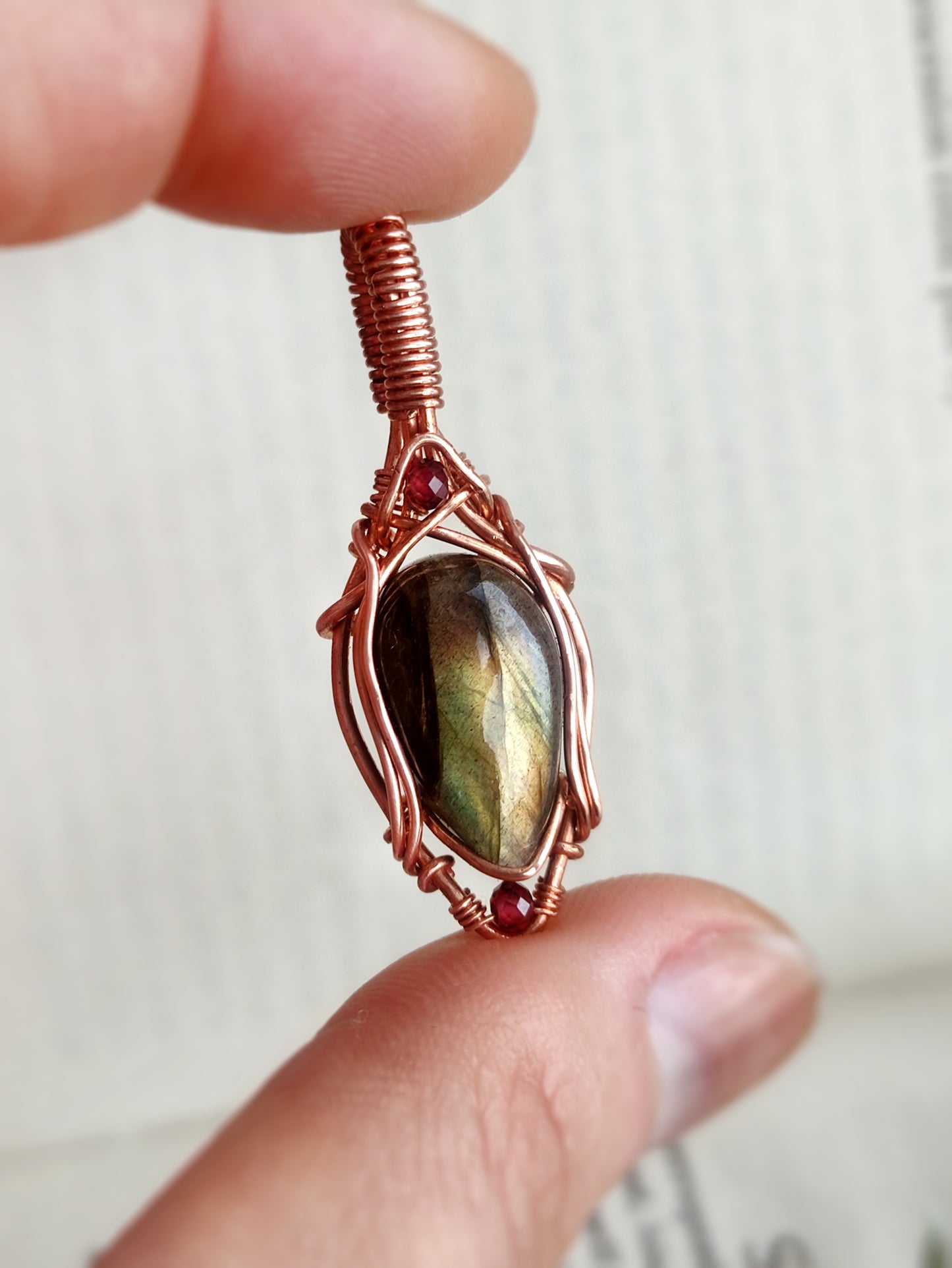 Dainty Elven Labradorite and Garnet Pendant in Solid Copper