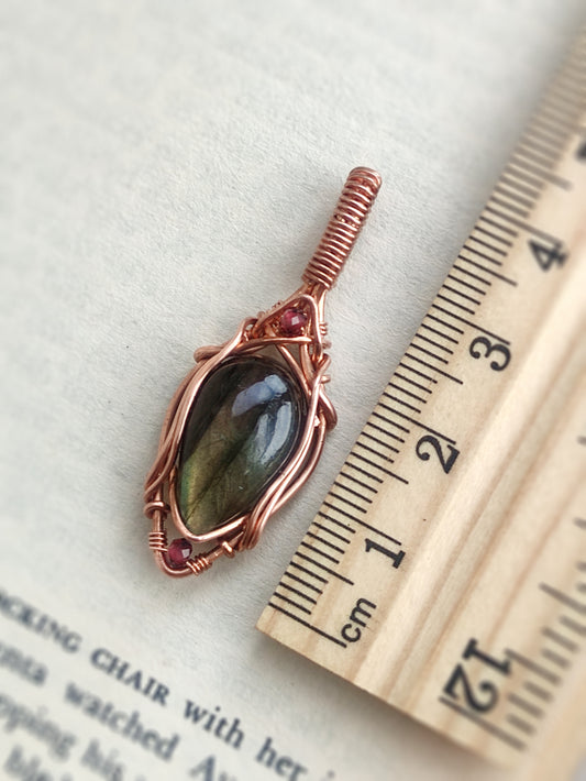 Dainty Elven Labradorite and Garnet Pendant in Solid Copper