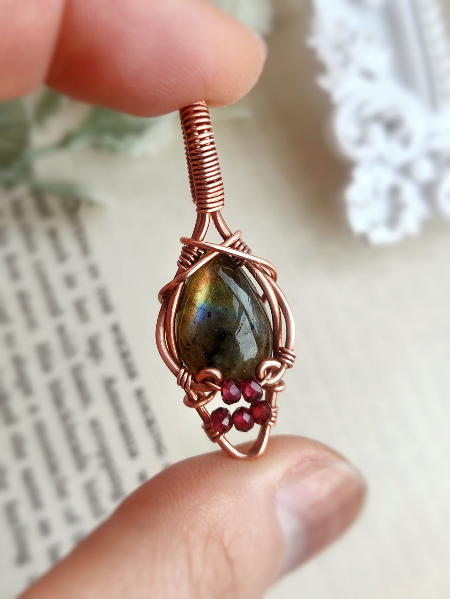 Delicate Labradorite and Garnet Wire Wrapped Pendant in Solid Copper