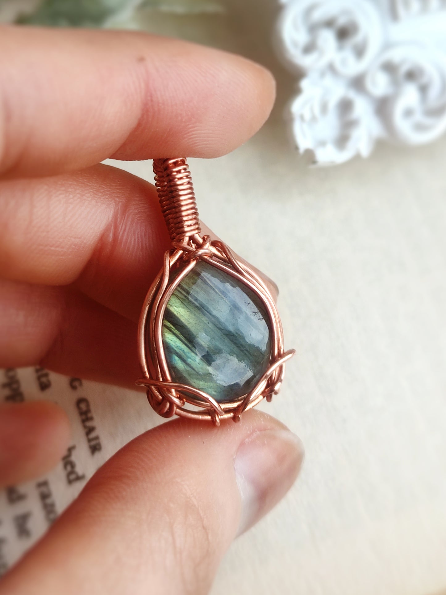Labradorite Wire Wrapped Pendant in Solid Copper (B)