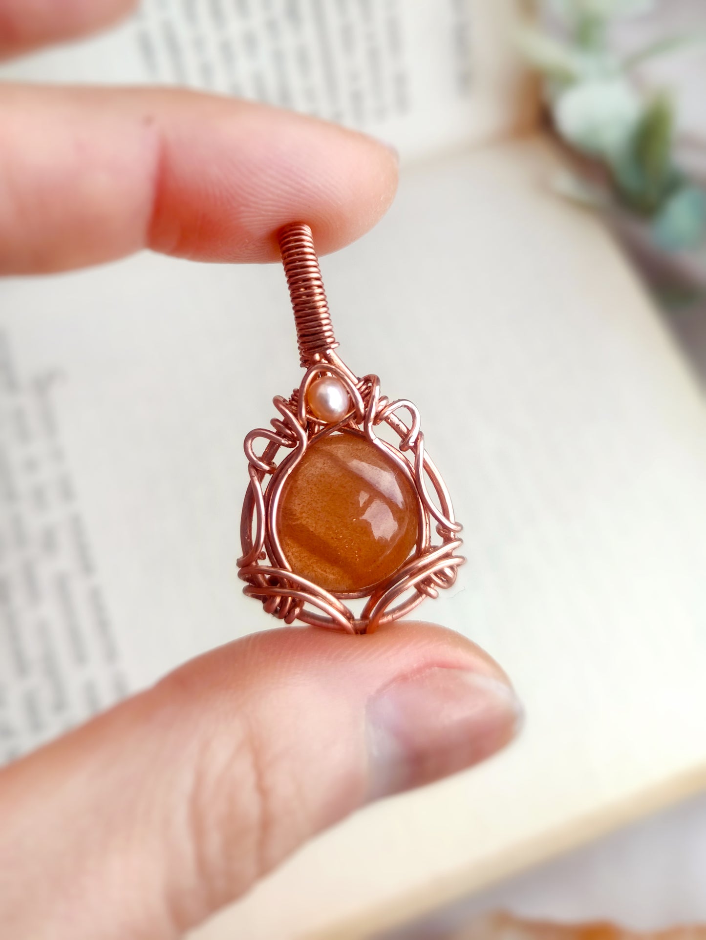 Romantic Sunstone and Pearl Pendant in Solid Copper