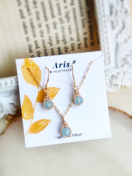 Dainty Aquamarine Jewelry Set with Earrings and Necklace, March Birthstone Gift