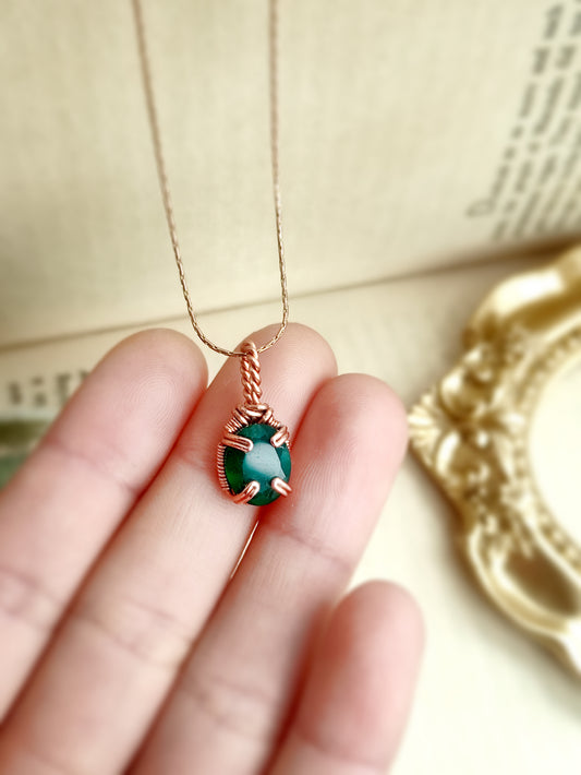 Small Green Onyx Pendant Necklace with Twisted Bail in Solid Copper