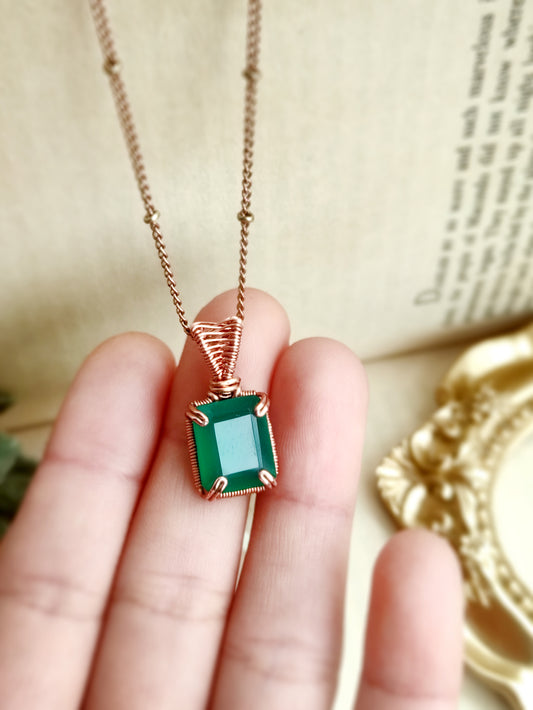 Green Onyx Baguette Cut Pendant Necklace in Solid Copper