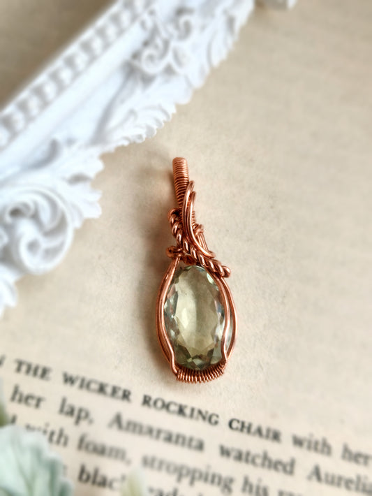Light Green Quartz Pendant with Rope Detail in Solid Copper
