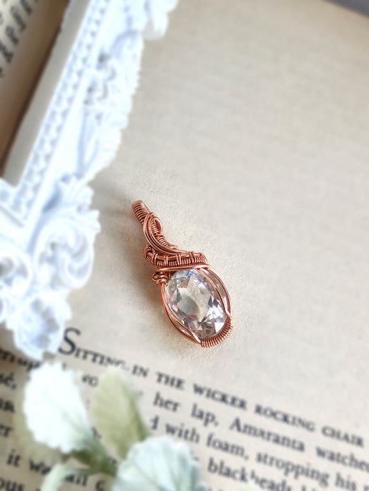 Clear Quartz Pendant with Weave Detail in Solid Copper