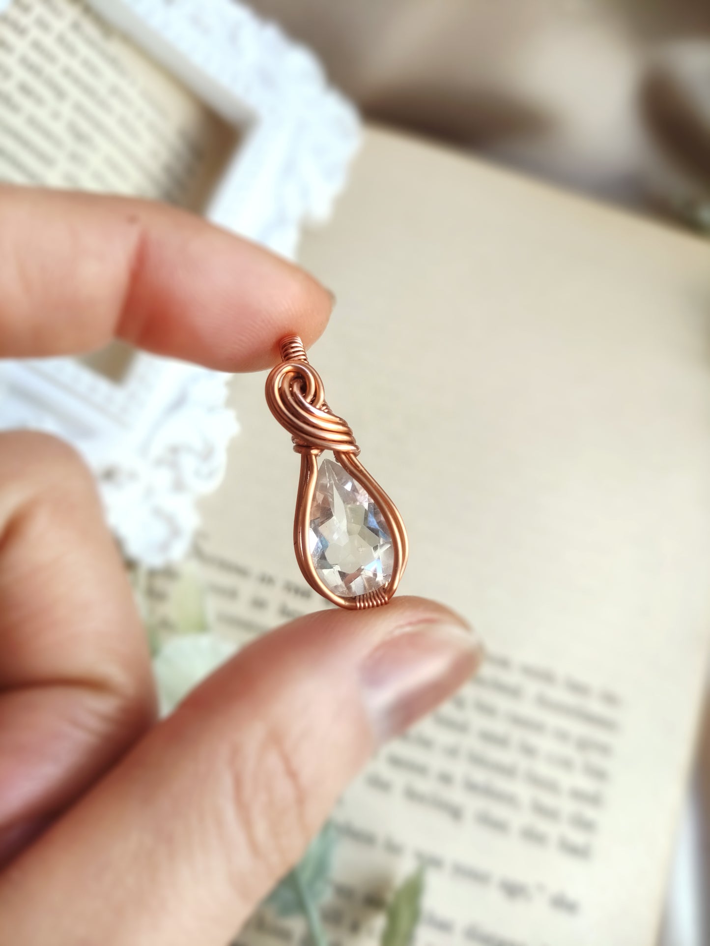 Clear Quartz Pendant with Swirl Detail in Solid Copper