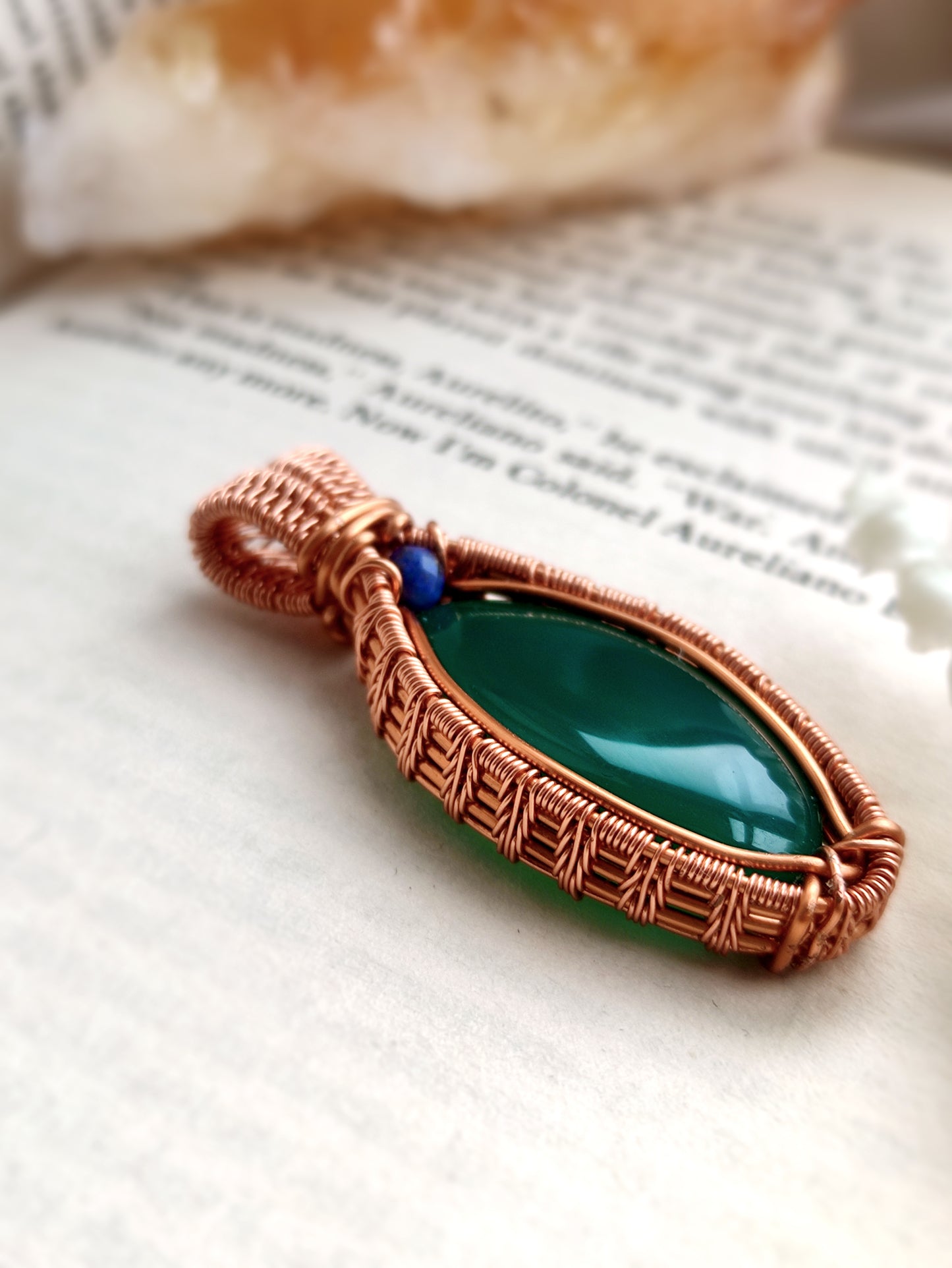 Oval Green Onyx Wire Weave Pendant in Solid Copper
