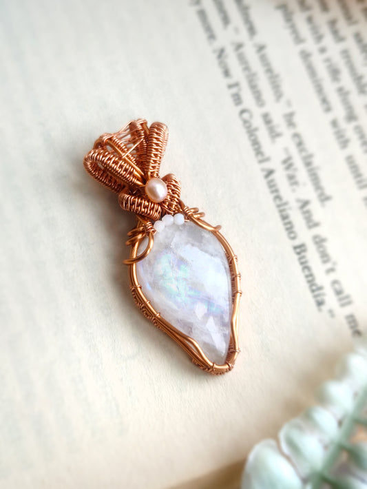 Teardrop Moonstone and Pearl Wire Weave Pendant in Solid Copper