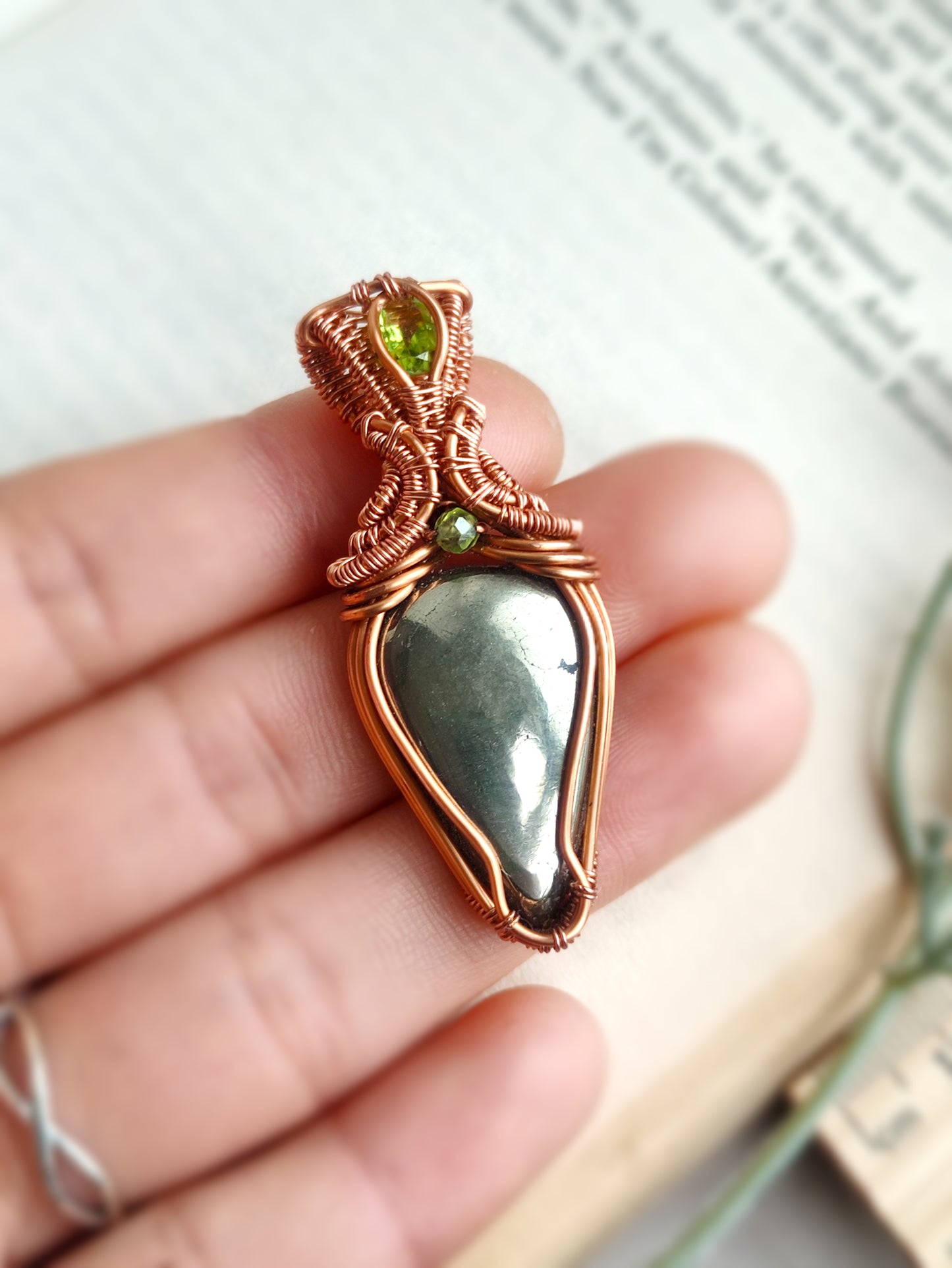 Teardrop Pyrite and Peridot Wire Weave Pendant in Solid Copper