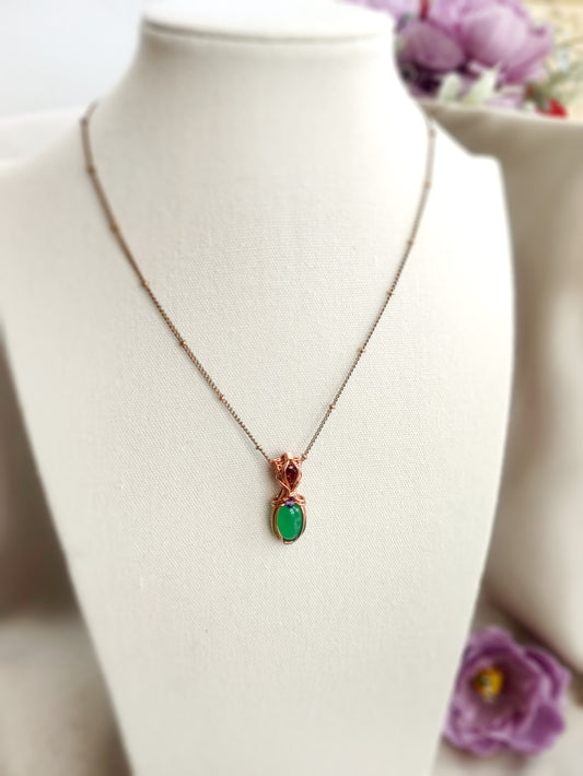 Green Jade and Garnet Vase Pendant in Copper