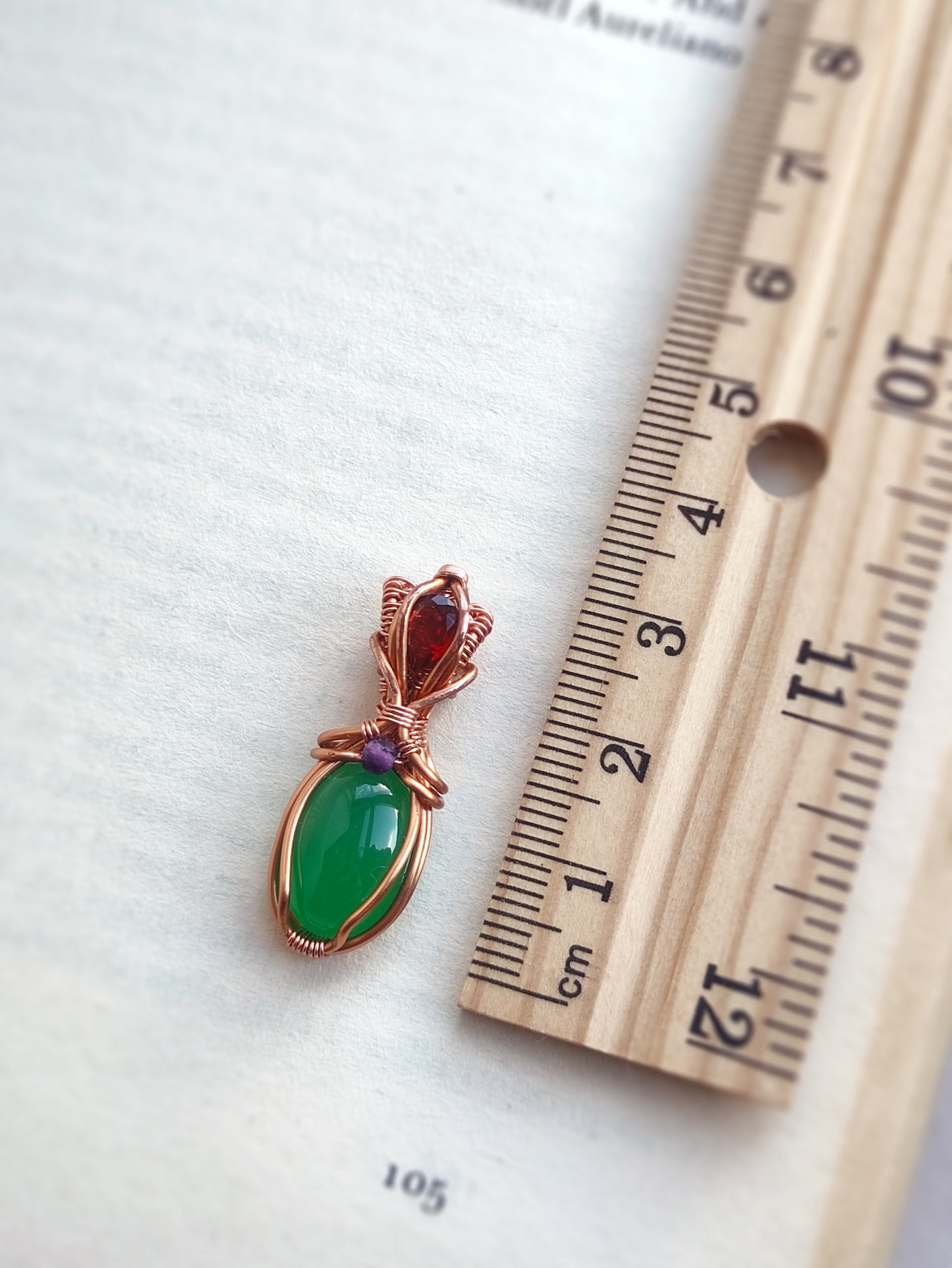 Green Jade and Garnet Vase Pendant in Copper