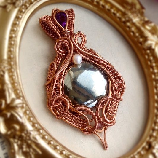 Pyrite and Amethyst Statement Pendant in Copper