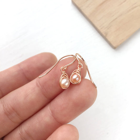 Tiny Pink Pearl Dangle Earrings