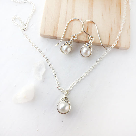 White Pearl Earrings & Necklace Set, Freshwater Pearl Jewelry Set