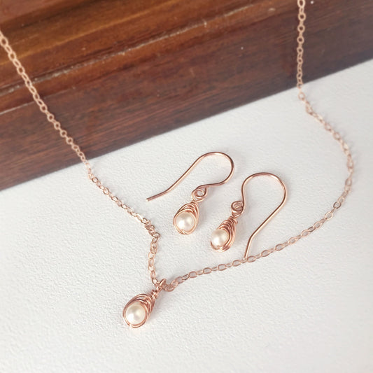 Tiny White Pearl Jewelry Set, Earrings and Necklace Set