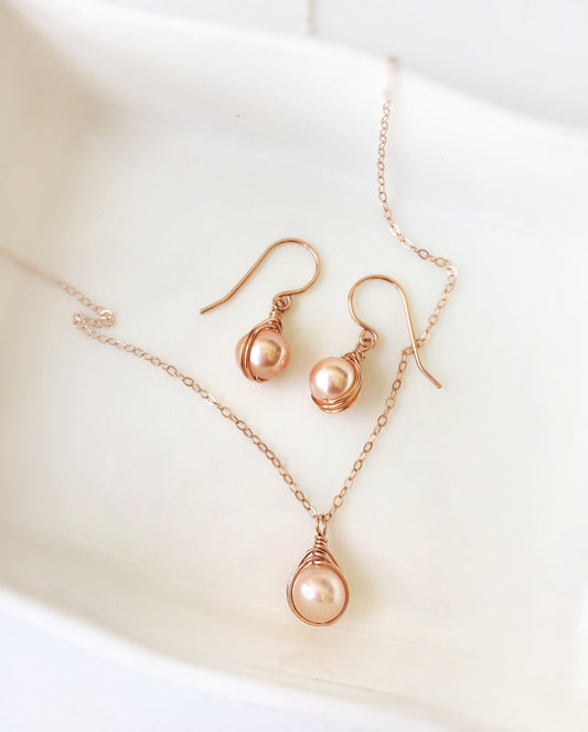 Pink Pearl Earrings and Necklace Set, Dainty Pearl Jewelry Set