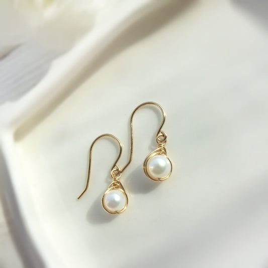 Dainty White Pearl Dangle Earrings 14K Gold Filled, Small Pearl Earrings