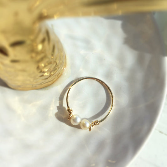 Double Pearl Ring, Dainty Two Freshwater Pearl Ring