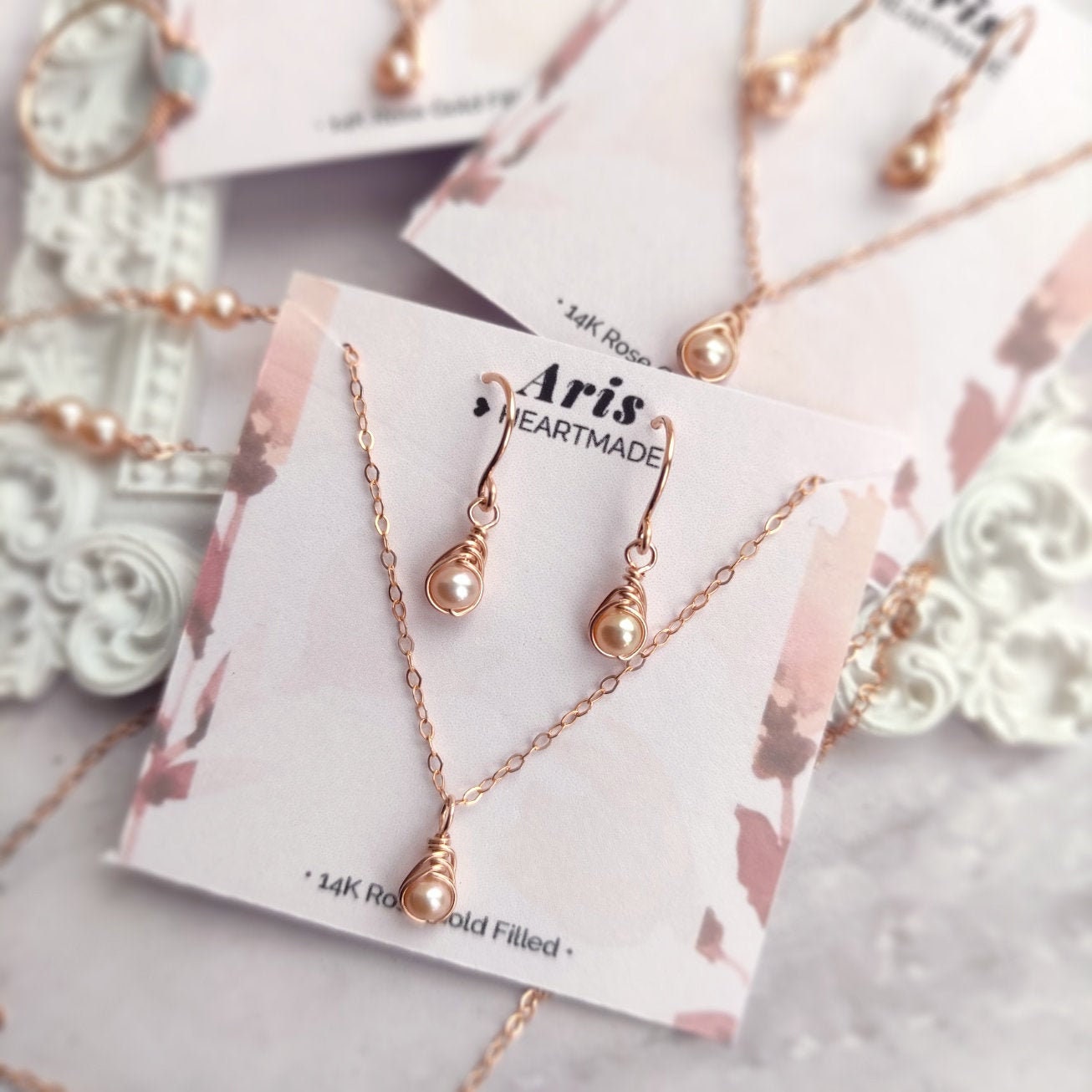 Dainty Pink Pearl Jewelry Set, Rose Gold Earrings and Necklace Set