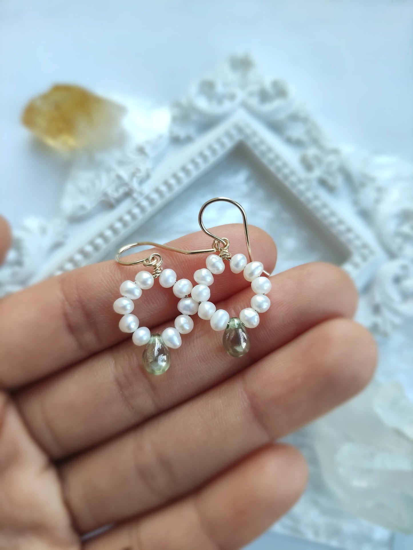 AQUARIA Small Freshwater Pearl Hoop Earrings with Glass Teardrop Beads