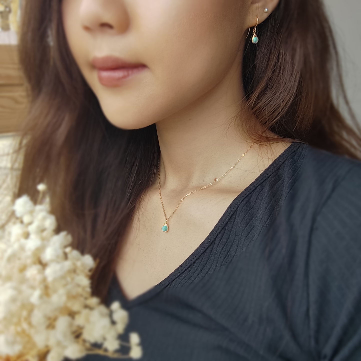 Dainty Turquoise Earrings and Necklace Jewelry Set