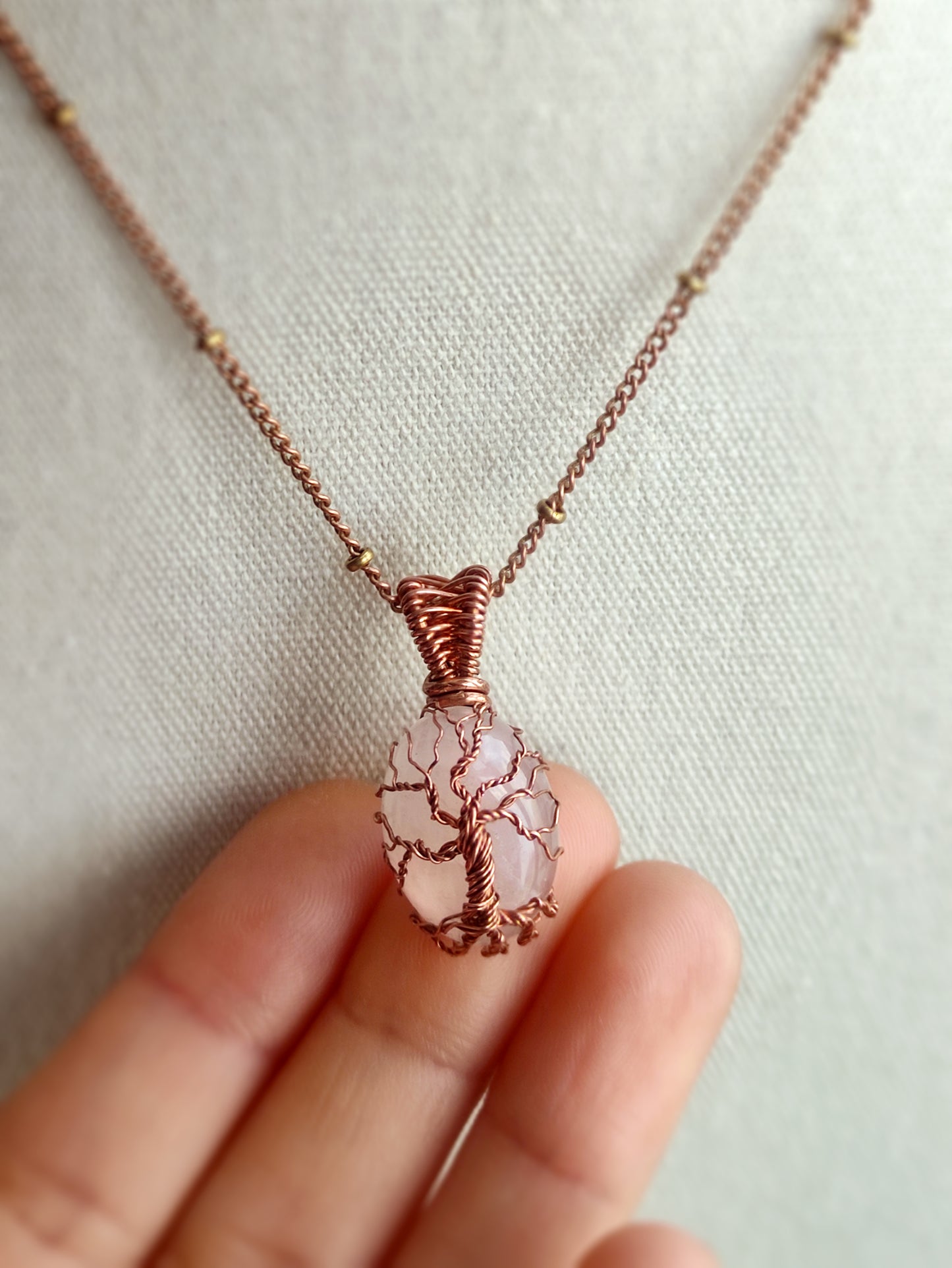 Mini Rose Quartz Tree of Life Pendant Necklace in Copper