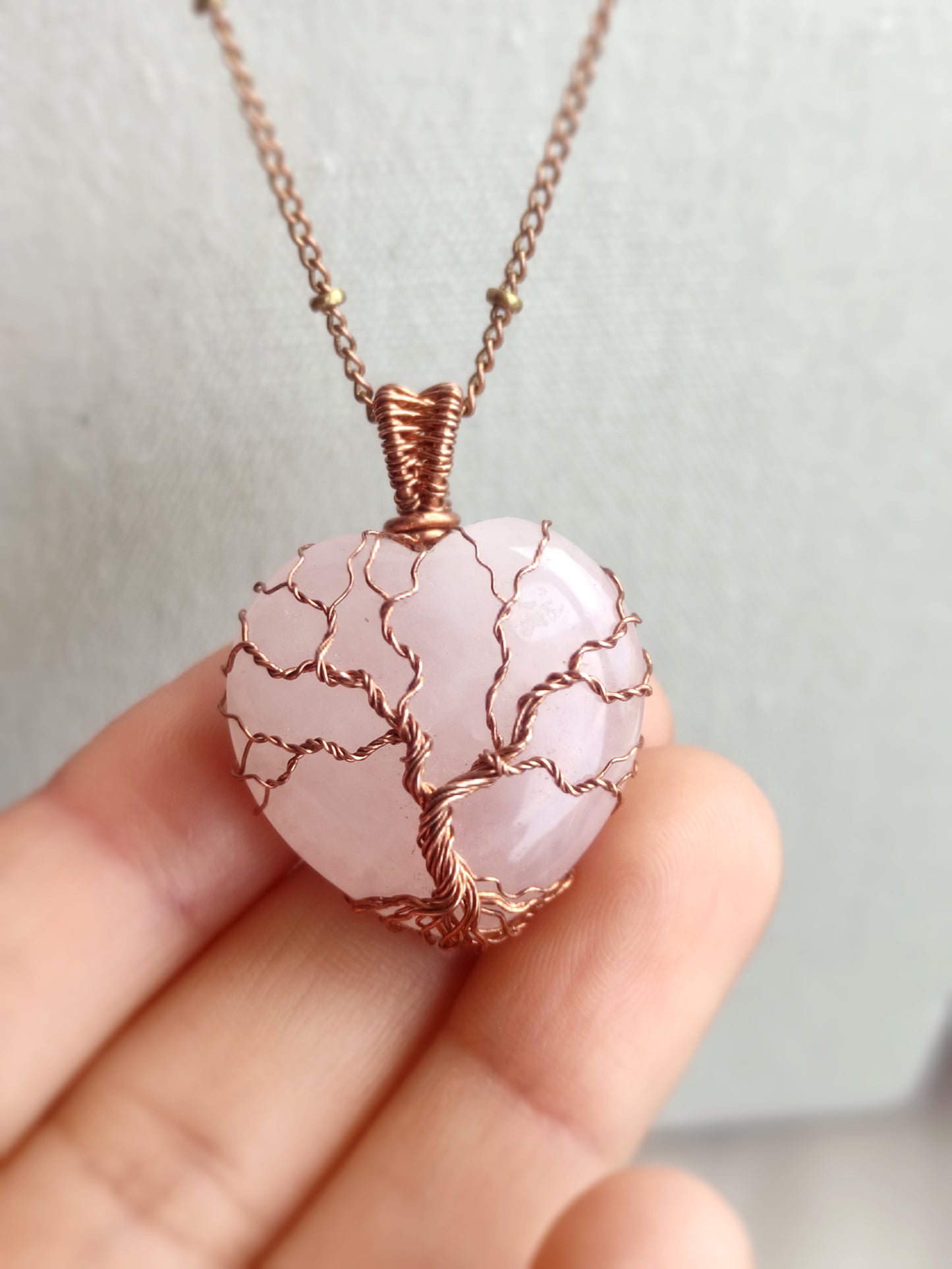 Rose Quartz Heart Tree of Life Pendant Necklace in Copper