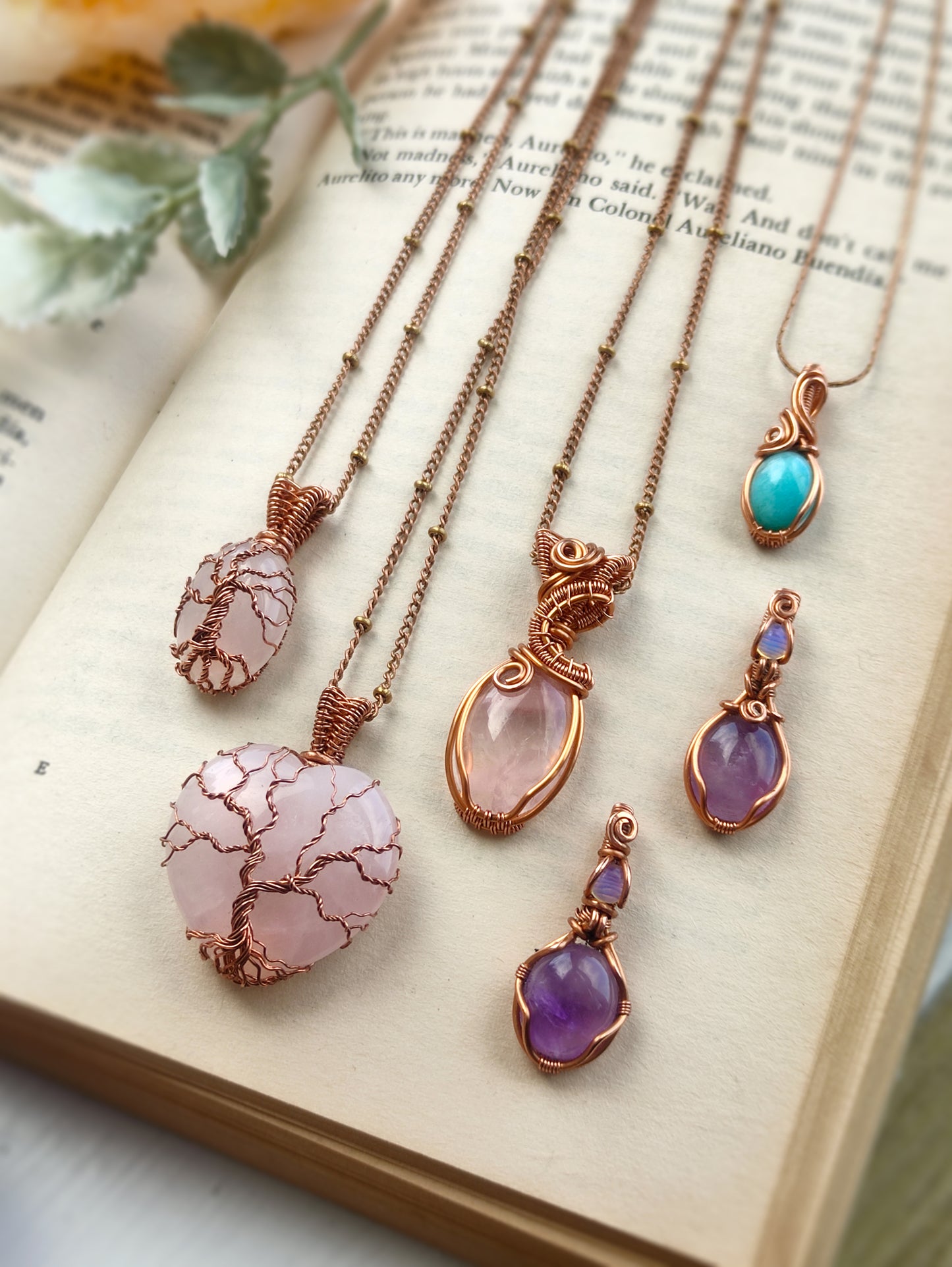 Rose Quartz Heart Tree of Life Pendant Necklace in Copper