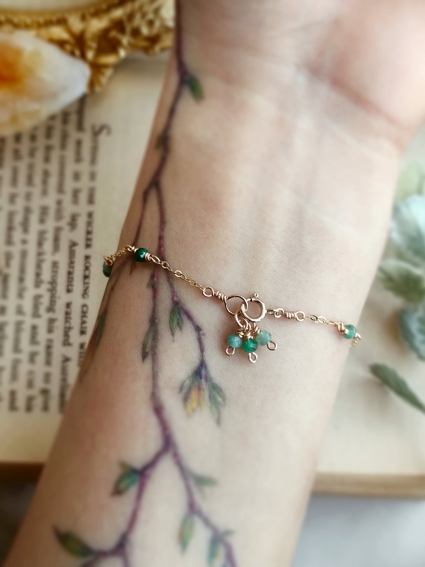 Dainty Emerald Bracelet with Charm in 14K Gold Filled