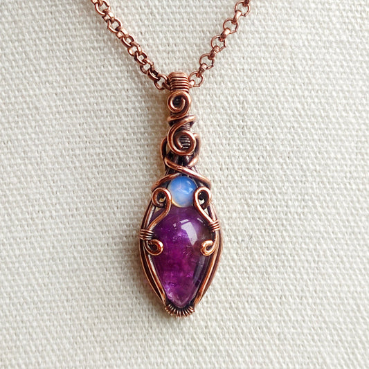 Mini Amethyst & Opalite Teardrop Pendant Necklace in Copper